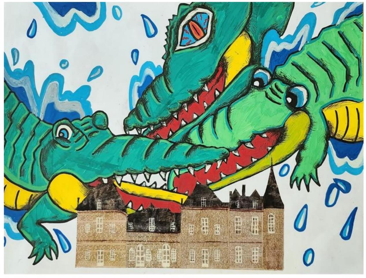 A painting of three crocodiles in a tussle above a château