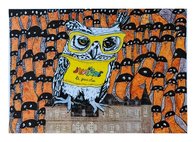 A painting of an owl in yellow glasses perched on a château, surrounded by rows of watching birds