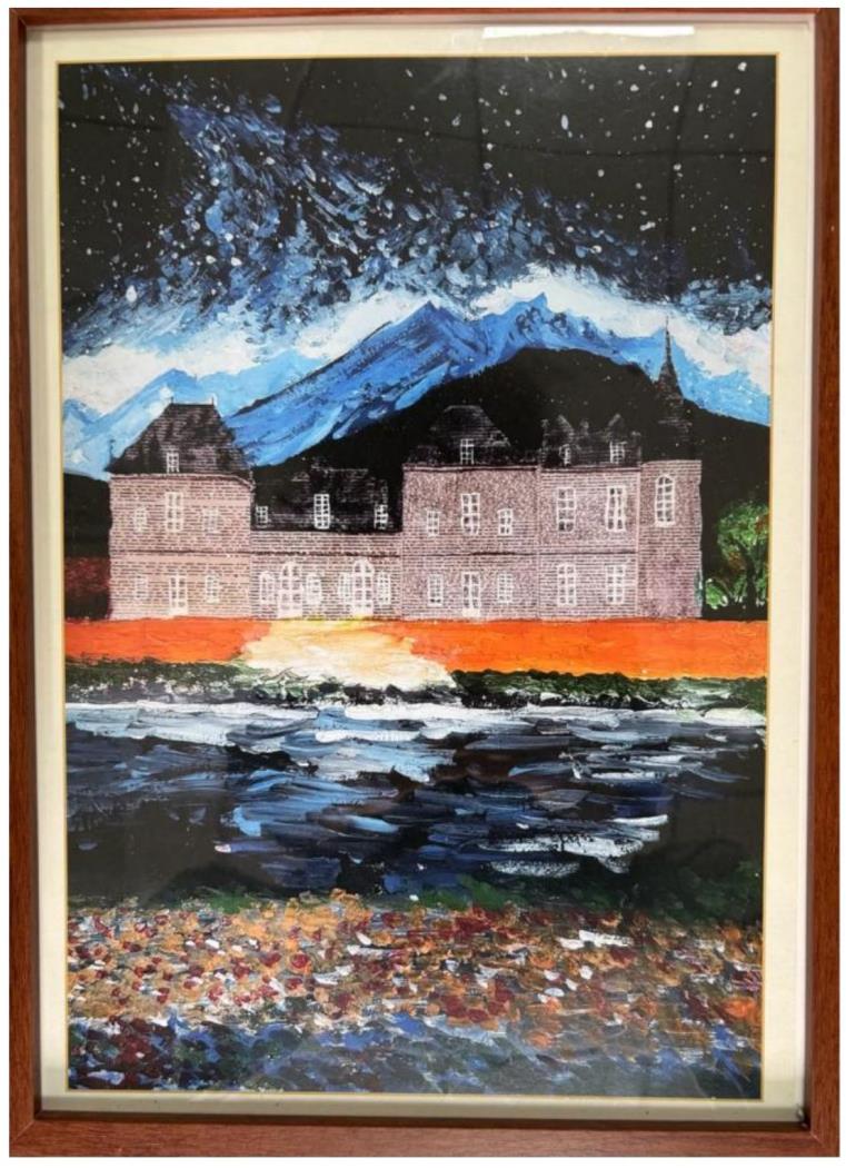 A painting of a château under a starry night sky above a river