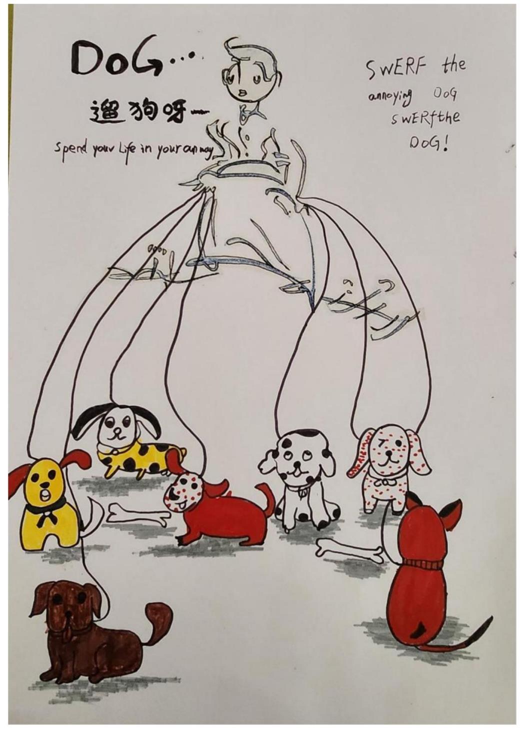 A drawing titled Walking the Dog: a figure holding many dogs on leashes