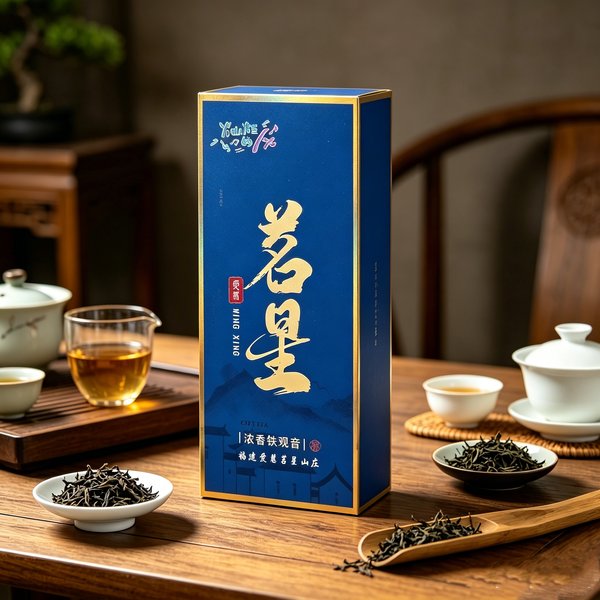 The same tall box in deep star blue with a gold border, 茗星 in gold, on the same tea table