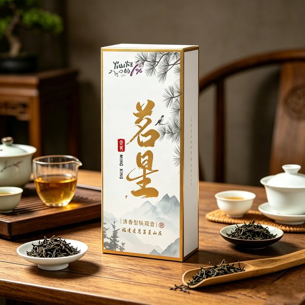 A tall white box edged in gold, printed with an ink-wash pine branch, a bird and a mountain range, 茗星 in gold