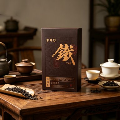 An upright dark brown box carrying the single character 鐵 in gold, on a wooden tea table