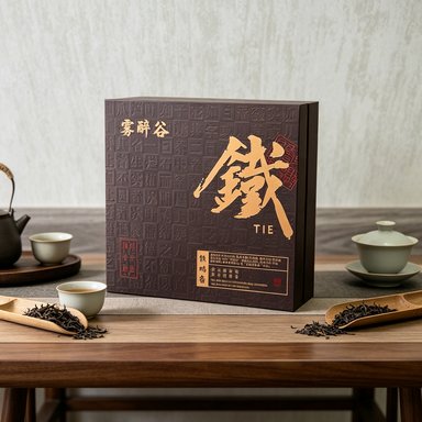 A square dark brown gift box with 鐵 in gold, lying flat beside a scoop of dry leaf