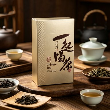 An upright champagne gold box lettered 一起喝茶 and Chinese Tea, a black iron kettle behind it
