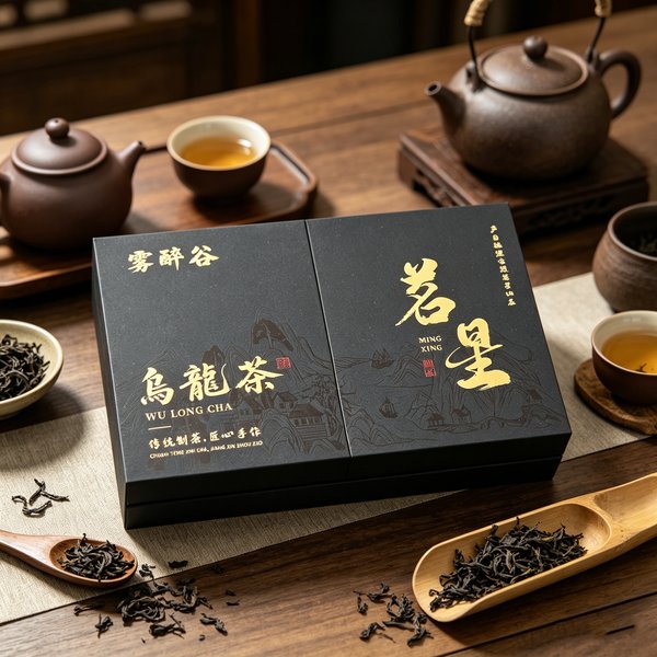 A flat black two-panel gift box lettered 烏龍茶 and 茗星 in gold, a purple clay teapot behind it