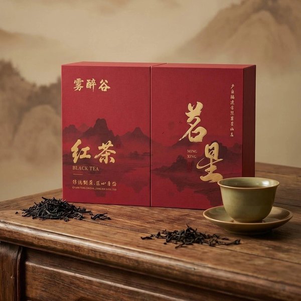 A flat deep red two-panel gift box with an ink-wash mountain, 紅茶 and 茗星 in gold