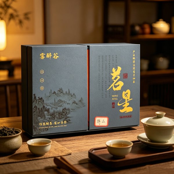 A flat slate blue two-panel gift box with a grey mountain landscape and 茗星 in gold, warm lamplight behind