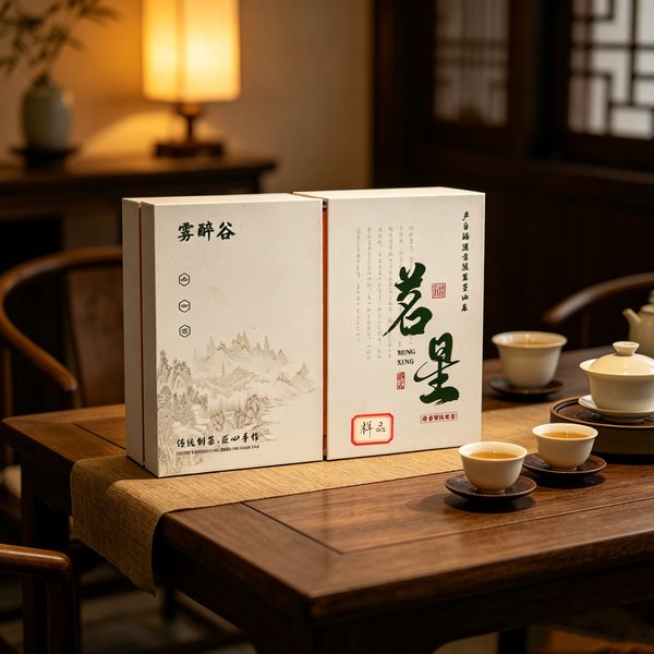 A flat cream two-panel gift box with a grey ink-wash landscape and 茗星, a lamp and a gaiwan behind
