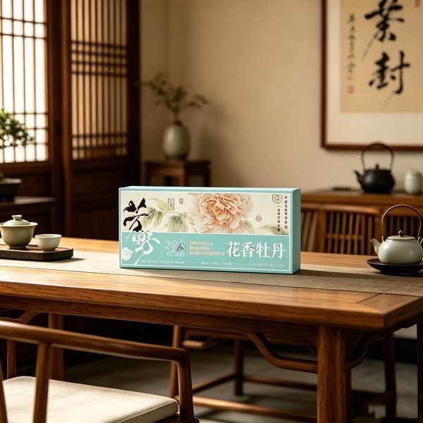 A long pale blue box printed with peony blossoms and 花香牡丹, on a wooden table in a tea room