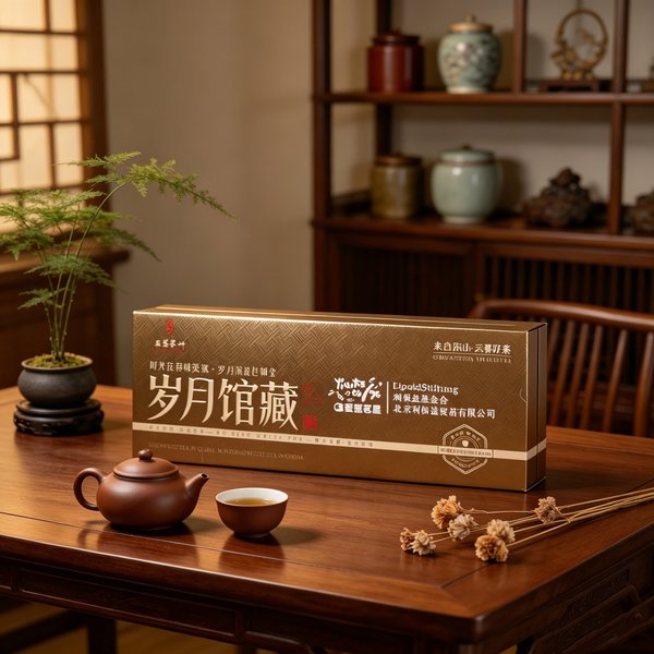 A long kraft brown box lettered 岁月馆藏, a purple clay teapot and dried longan beside it