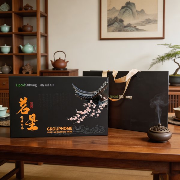 A black gift box with plum blossom in silver, 茗星 in gold and the name LipoidStiftung 利保益慈善基金 printed along the top, with its matching carrier bag